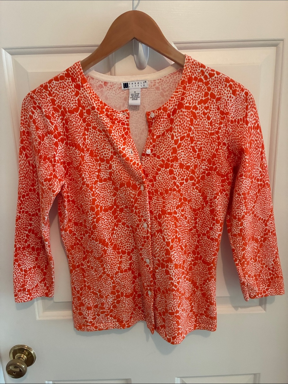 Carole Little Soft Cotton Blend Cardigan in White with Orange Print, Small
